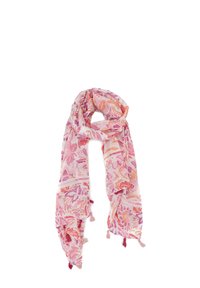 Scarf leggero rosa con motivi floreali in tonalità arancioni e viola. Include frange alle estremità e una finitura morbida e texture.