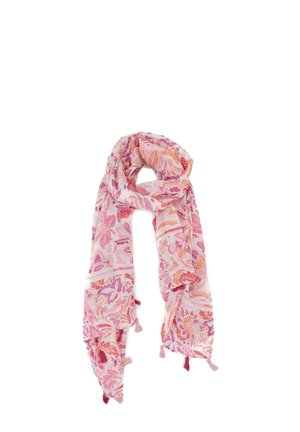 Scarf leggero rosa con motivi floreali in tonalità arancioni e viola. Include frange alle estremità e una finitura morbida e texture.