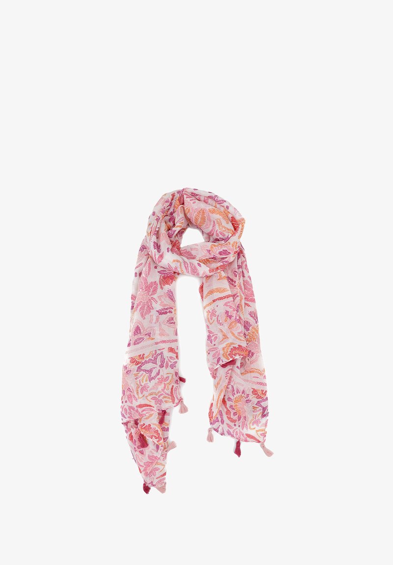 Scarf leggero rosa con motivi floreali in tonalità arancioni e viola. Include frange alle estremità e una finitura morbida e texture.