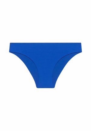 Niebieskie majtki bikini z gładką, miękką teksturą w klasycznym kroju. Bez wzorów ani detalów metalowych. Prosty, bezszwowy design.