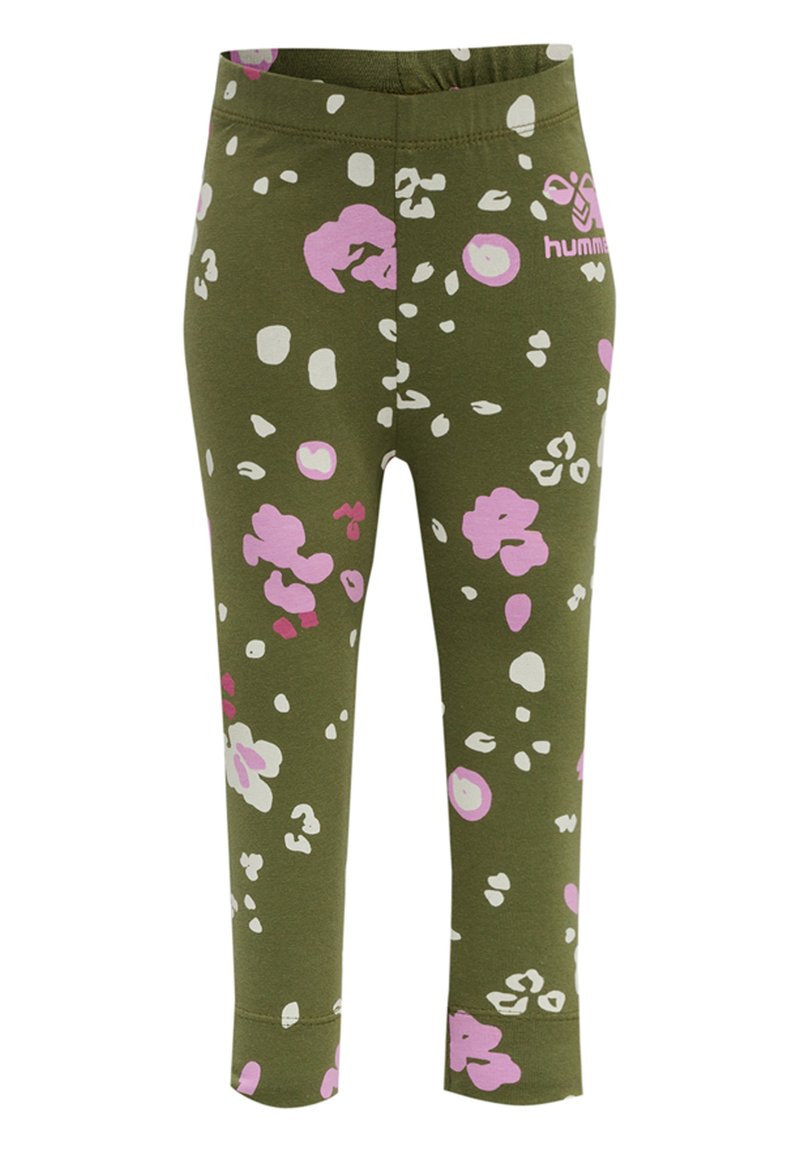 Gröna leggings med ett blommigt mönster som har rosa, vita och lila prickar; elastisk midja för flexibilitet; åtsittande design.