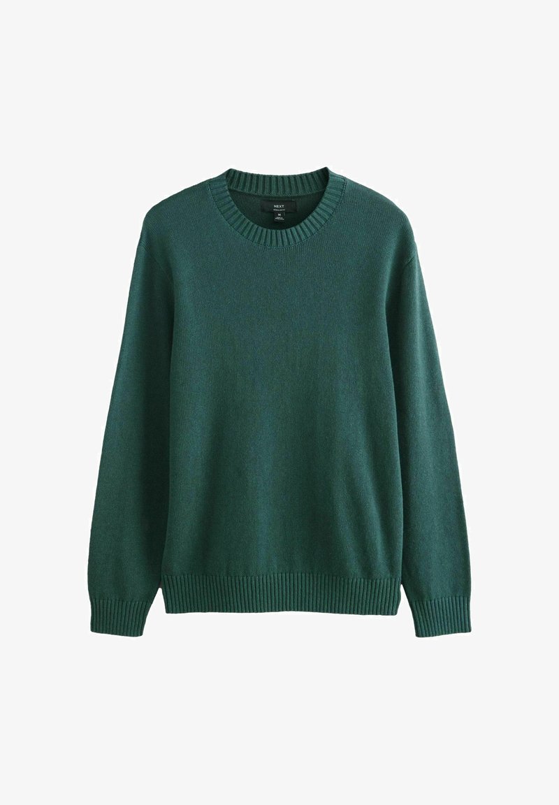 Pull en maille à manches longues vert foncé avec col rond, poignets, ourlet et encolure côtelés, taille moyenne, marque "NEXT".