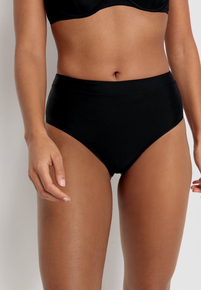 High-waisted black bikini bottoms with a smooth texture and elastic waistband, designed for comfort and full coverage.