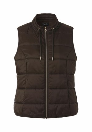 Sleeveless dark brown quilted vest with front zipper and drawstring collar, designed for warmth and casual wear.