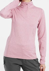 Rosa långärmad tröja med halvsidsdragkedja, tillverkad av strukturerat tyg, med ett subtilt melerat mönster och figurnära passform.