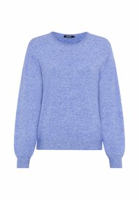 Hellblauer Pullover aus weichem Strickstoff. Verfügt über einen runden Halsausschnitt, lange Ärmel und gerippte Säume und Bündchen. Minimalistisches Design.