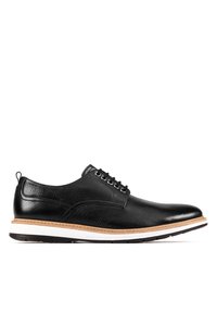 Chaussure noire en cuir avec finition texturée, design à lacets, semelle intermédiaire blanche contrastante et accents de semelle extérieure brune. Étiquette de tirage à la cheville incluse.