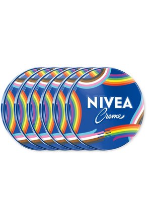 Six blue NIVEA Creme tins with rainbow and Pride colors arranged overlapping in a row on white background.