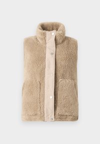 Zachte beige mouwloze fleece vest met hoge kraag, voorkant met drukknoopsluiting en twee voorzakken.