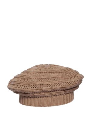 Knitted beige beret with ribbed and patterned texture, soft fabric, and a fitted band around the base.