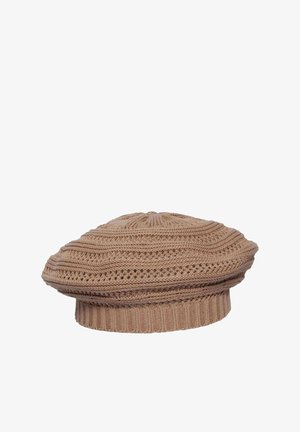 Knitted beige beret with ribbed and patterned texture, soft fabric, and a fitted band around the base.