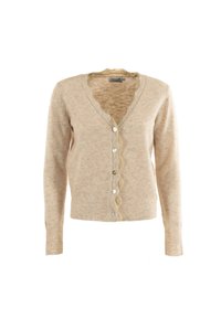 Cardigan beige en matériau tricot doux avec un col en V à bords festonnés, fermeture à six boutons et poignets et ourlet côtelés.