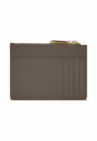 Leren kaarthouder in donker taupe met een gestructureerde afwerking, voorzien van vier kaartsleuven, een ritsvak en goudkleurige hardware.