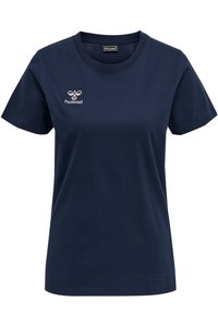 Navy blauwe katoenen t-shirt met korte mouwen, ronde halslijn en een klein geborduurd logo op de bovenste linker borst. Zachte textuur, casual fit.