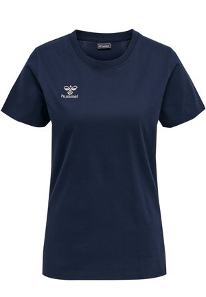Navy blauwe katoenen t-shirt met korte mouwen, ronde halslijn en een klein geborduurd logo op de bovenste linker borst. Zachte textuur, casual fit.
