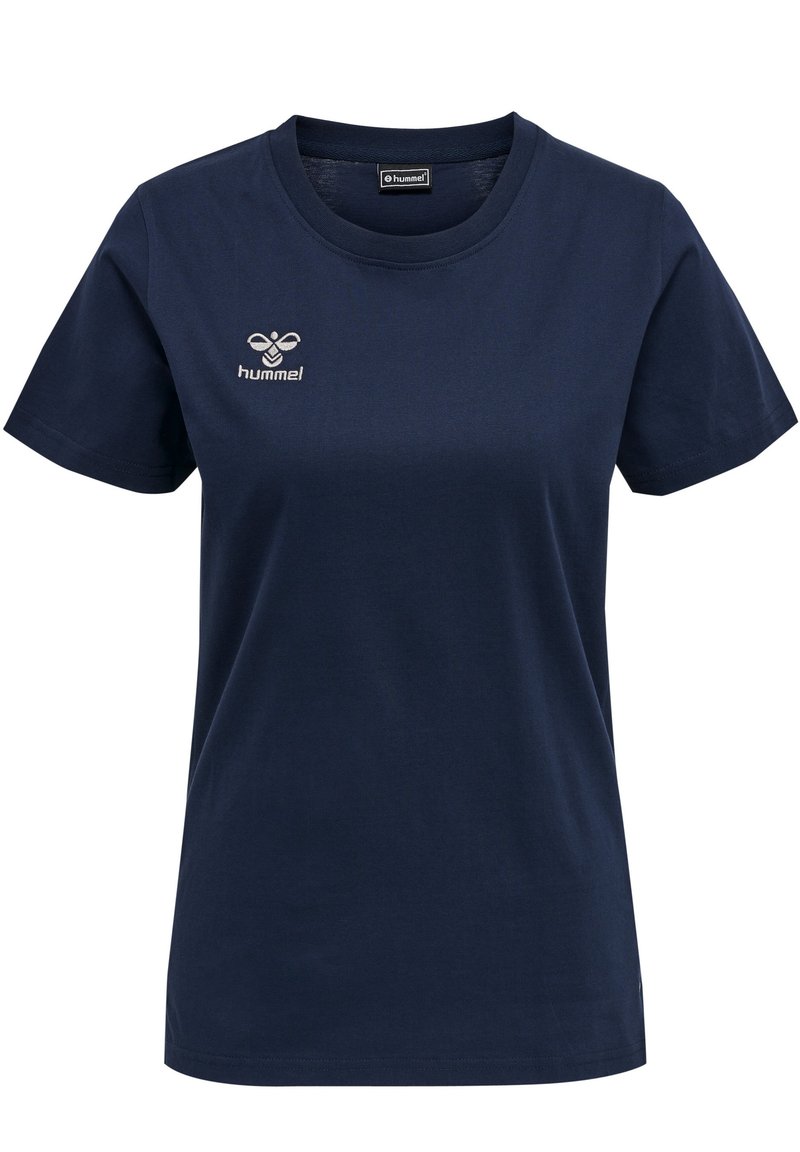 Navy blauwe katoenen t-shirt met korte mouwen, ronde halslijn en een klein geborduurd logo op de bovenste linker borst. Zachte textuur, casual fit.