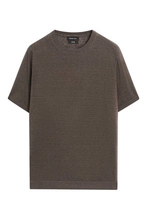 Maglione marrone a maniche corte in maglia con scollo rotondo e colletto, polsini e orlo a coste, etichettato Massimo Dutti, esposto su sfondo bianco.