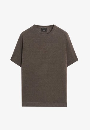 Pull marron à manches courtes en maille avec col rond et bords côtelés au niveau du col, des poignets et de l'ourlet, étiqueté Massimo Dutti, présenté sur un fond blanc.