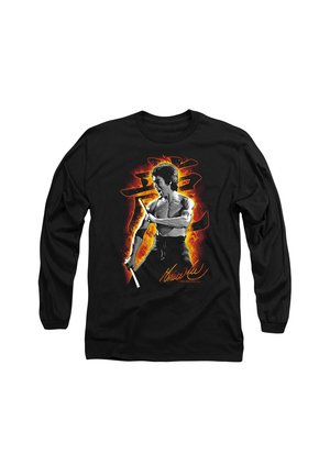 Black long-sleeve shirt with a graphic of a martial artist holding a weapon, surrounded by orange and red flames, and a signature below.