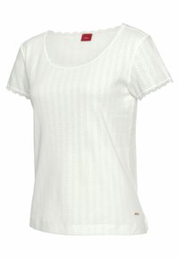 White short-sleeve shirt with a scalloped neckline, featuring a ribbed texture and subtle vertical stripes. Small logo on the hem.