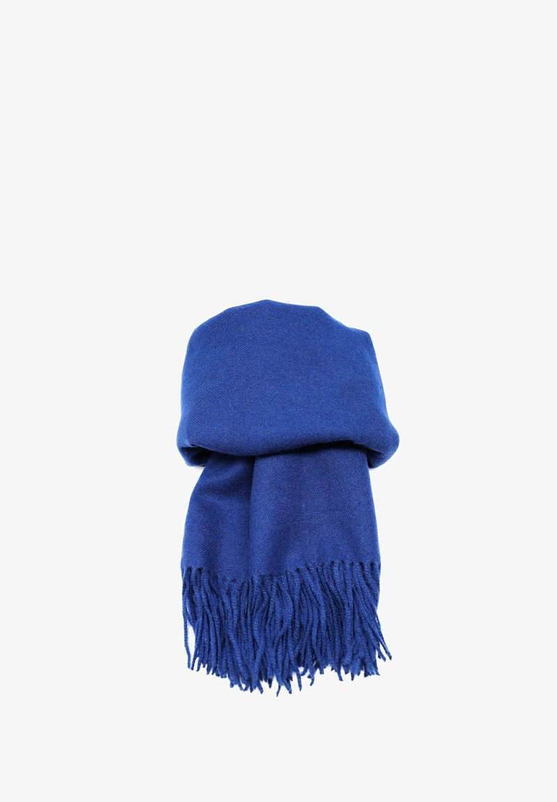 Sciarpa di lana blu con una texture morbida, caratterizzata da estremità affusolate e lunghi frange. Design compatto, adatto a vari stili e occasioni.