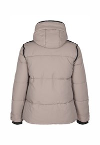 Giubbotto puffer in un beige chiaro, con cappuccio e dettagli neri sulle spalle e sui polsini. Pattern trapuntato orizzontale con una vestibilità leggermente ampia.