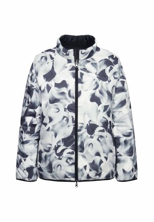 Padded jacket with a black-and-white abstract swirl pattern, featuring a high neck and full front zip closure. Made from smooth, lightweight fabric.