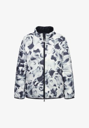 Pletená bunda s abstraktním vzorem černobílé spirály, vysokým límcem a plným předním zipem. Vyrobena z hladkého, lehkého materiálu.