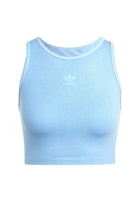 Gaiši zilas izmēru tērptas topa formas blūze, kas izgatavota no mīkstas auduma. Tās iezīme ir noapaļota kakla izgriezums un mazs centrāls Adidas logo. Nav papildu rotājumu.