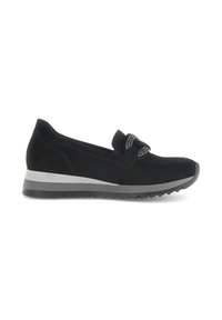 Zwarte suède sneakers met een wigzool, met een sprankelende strikaccent op de voorkant en een gestructureerde rubberen buitenzool voor grip.