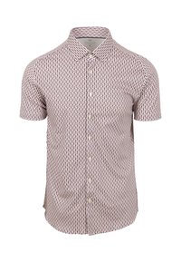 Korte mouw shirt van witte katoen met een rood en blauwe geometrische print, knoopsluiting en een puntige kraag.