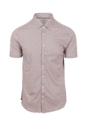 Kurzarmhemd aus weißer Baumwolle mit einem rot-blauen geometrischen Muster, Knopfleiste und einem spitzen Kragen.