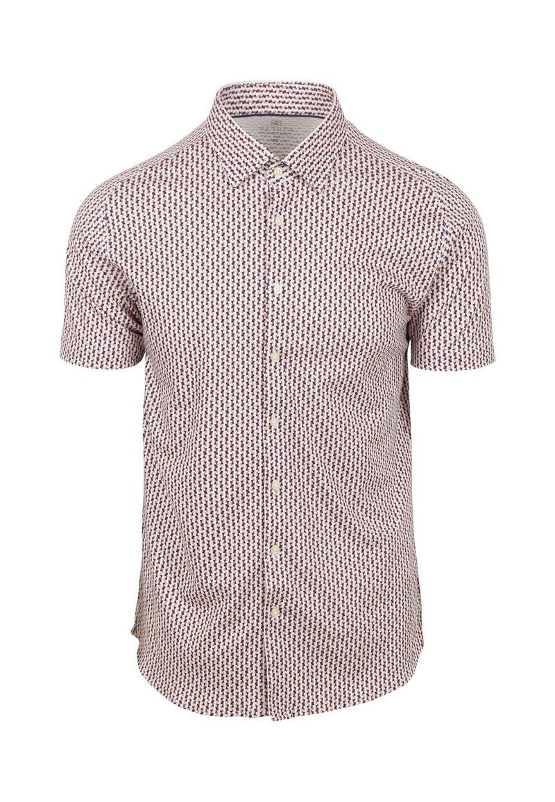 Korte mouw shirt van witte katoen met een rood en blauwe geometrische print, knoopsluiting en een puntige kraag.