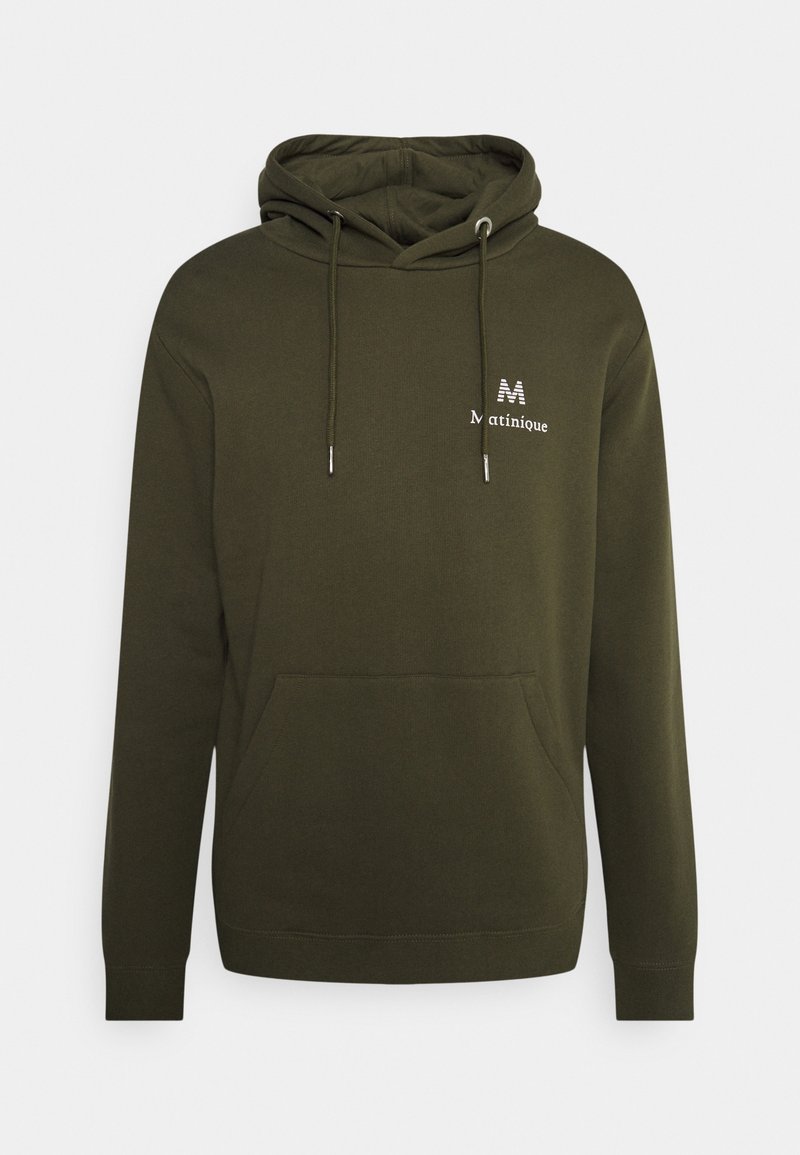 Dunkelgrüner Kapuzenpullover aus Baumwolle mit Fronttasche, verstellbarer Kordelzugkapuze und weißem Logodetail auf der Brust.