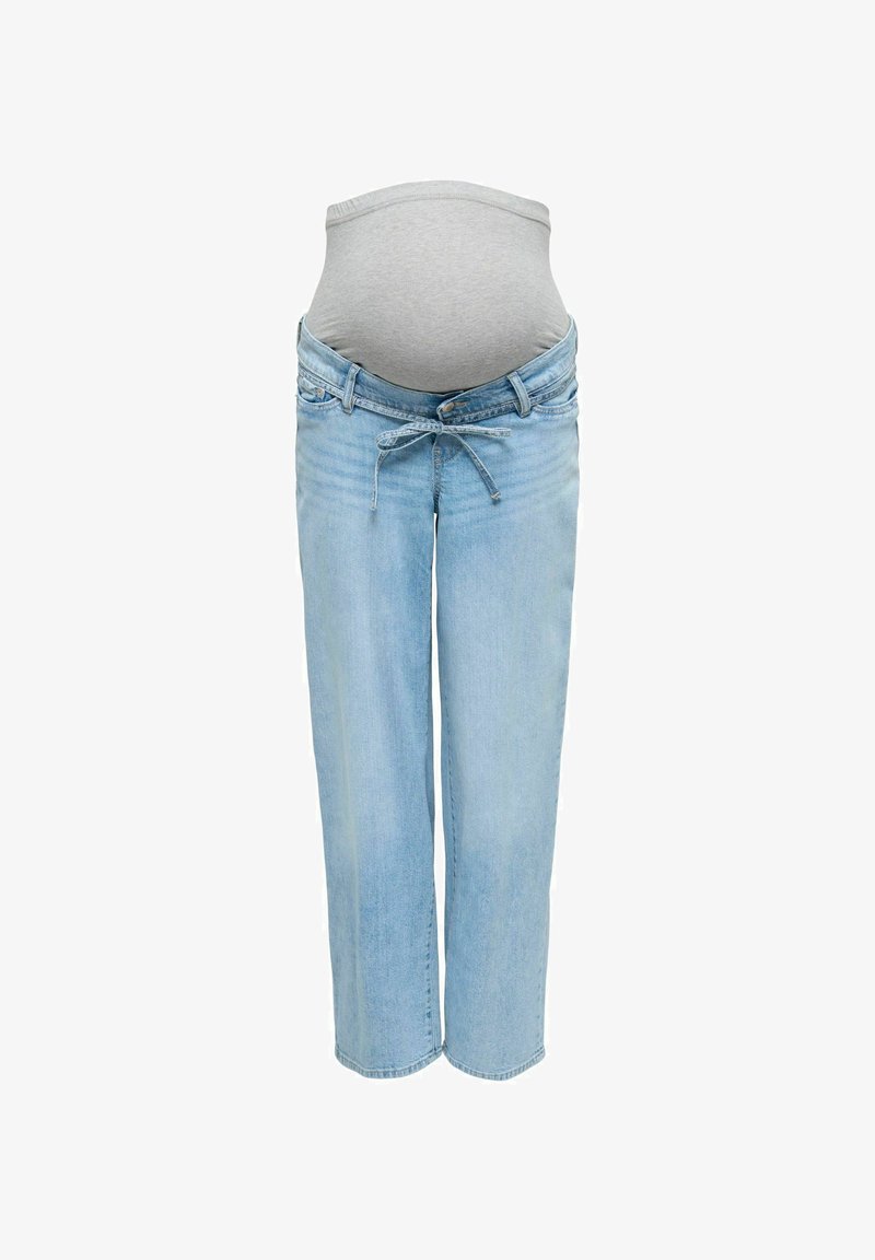 Φωτεινά μπλε εγκυμοσύνης τζιν με ρυθμιζόμενο κορδόνι στη μέση και εφαρμοστή γκρι ελαστική περιοχή για την κοιλιά για άνεση και στήριξη.