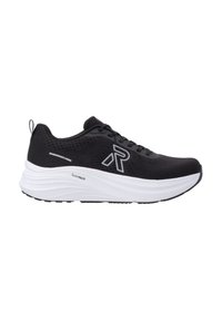 Chaussure de course noire avec dessus en mesh technique, semelle épaisse en mousse Foamtech blanche, design lacé et logo "R" réfléchissant sur le côté.