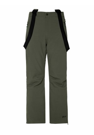 Pantalons de ski verts imperméables avec bretelles noires réglables, poches zippées sur les côtés et une coupe ample conçue pour le mouvement.