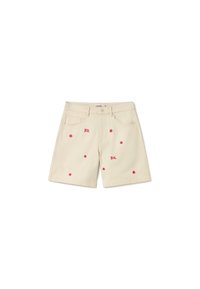 Beige denim shorts met rode geborduurde tekst "SOL" en sterrenpatronen, met een klassieke snit en standaard voorzakken.