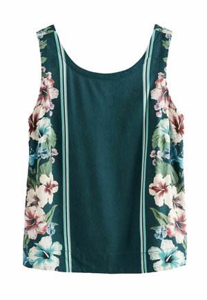 Tank top w kwiatowy wzór w ciemnozielonym kolorze, ozdobiony dużymi wzorami hibiskusa i liści, z pionowymi paskami w odcieniach teal. Wykonany z miękkiego materiału, bez rękawów.