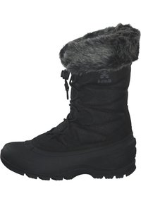 Schwarzer Winterstiefel mit einem Kunstfellbund, strukturiertem Nylon-Obermaterial, Schnürverschluss und Gummisohle für besseren Halt, entworfen für kaltes Wetter.