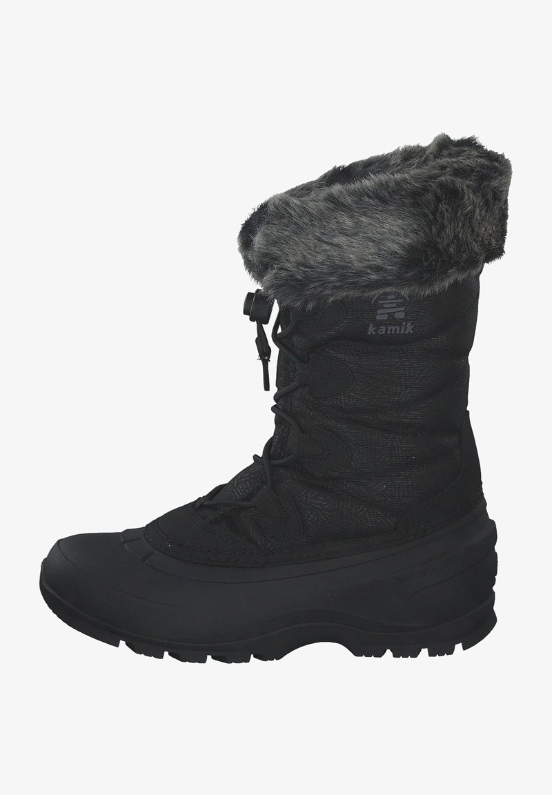 Zwarte winterboot met een nepbont manchet, textiel bovenmateriaal van nylon, vetersluiting en rubberen zool voor grip, ontworpen voor koud weer.