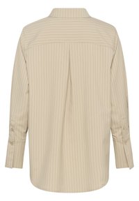 Bézs színű hosszú ujjú, gombos ing vékony, függőleges csíkokkal, hátsó húzott résszel és gombos mandzsettával.