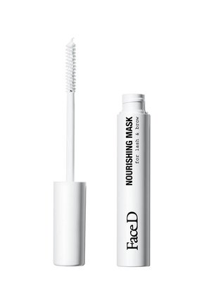 White tube with a cylindrical shape, labeled "NOURISHING MASK for lash & brow," accompanied by a applicator wand with bristles.