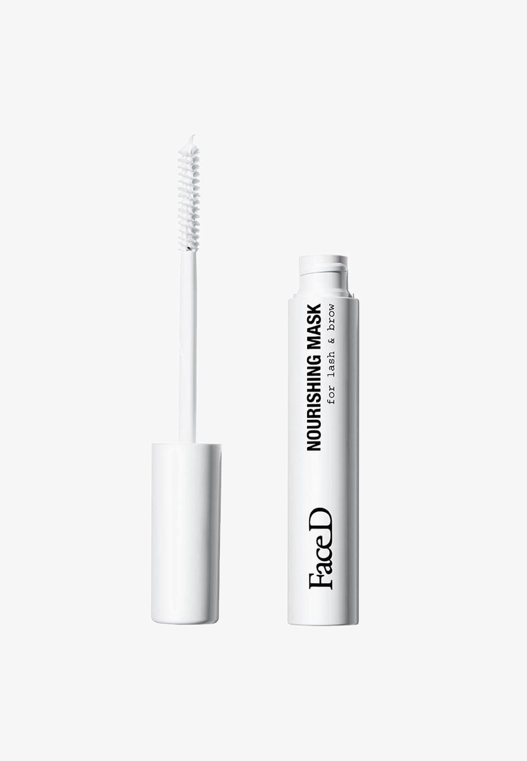 Tubetto bianco di forma cilindrica, etichettato "MASCHERA NUTRIENTE per ciglia e sopracciglia", accompagnato da un applicatore con setole.
