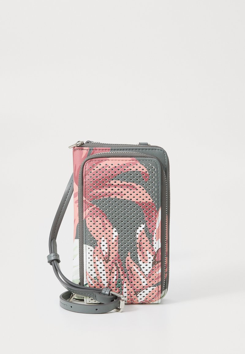 Floral-patterned wallet with pink and gray accents, textured surface, zip closure, and detachable strap for carrying.