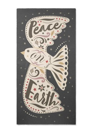 Colombe blanche avec des motifs décoratifs et les mots "Paix sur Terre" sur un fond sombre étoilé.