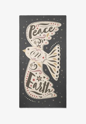 Colombe blanche avec des motifs décoratifs et les mots "Paix sur Terre" sur un fond sombre étoilé.