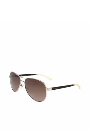 Occhiali da sole aviator con montatura in metallo, lenti marroni sfumate e aste affusolate dal nero al crema con la scritta Ted Baker sul lato.
