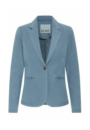 Blazer en denim bleu clair, fermeture à un bouton, revers crantés et deux poches avant. Tissu texturé avec une coupe ajustée.