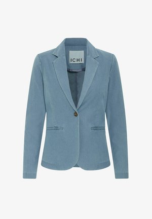 Gaiši zilā džinsa žakete ar vienu pogu, ar izdurtām atloka malām un divām priekšējām kabatām. Audums ar strukturētu tekstūru un pieguļoša forma.